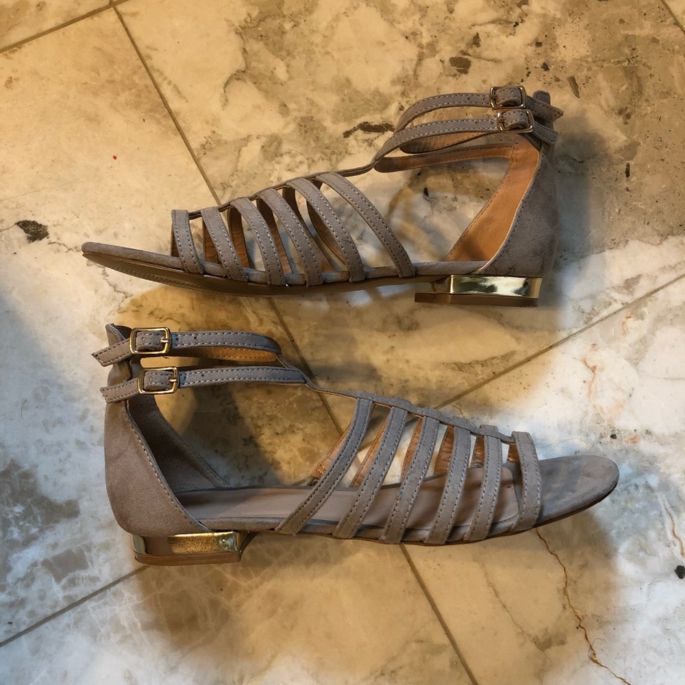 Tan strapy sandals with gold heels size six